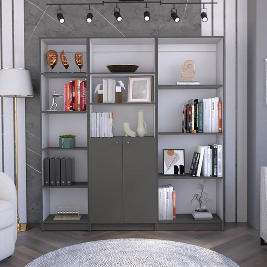 Pooler 3 Piece Living Room Set with Home Bookcase, Home Xs Bookcase & Home 2-Door Bookcase, Matt Gray / White, Modern Storage for Living Room, Bedroom, and Office