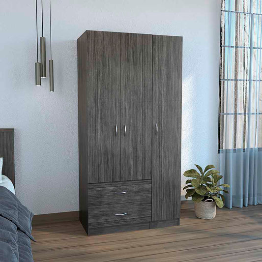 Tuhome Austral Three-Door Armoire with Double Door Hanging Cabinet, Full-Height Shelving Section, Two Spacious Storage Drawers, Modern Multi-Compartment Wardrobe for Organized Bedrooms and Versatile Home Storage