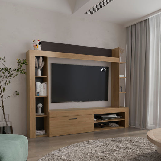 TUHOME Cecil Entertainment Center and TV Stand with Open Media Shelves, One-Door Storage Compartment and Spacious Top Surface, Modern Organization Unit for Living Rooms, Functional Display and Device Storage for Contemporary Homes