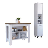 TUHOME Houston 2-Piece Kitchen Set with Storage Cabinet and Multi-Level Countertop Island, Modern Prep and Organization Station for Small Kitchens and Apartments, 35.4"H x 40.5"W x 27.5"D, White/Walnut