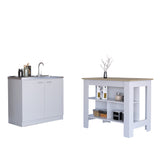 TUHOME Phoenix 2-Piece Kitchen Set with Storage Cabinet and Multi-Level Countertop Island, Modern Prep and Pantry Organization for Small Kitchens and Apartments, 35.4"H x 40.5"W x 27.5"D, White/Light Oak