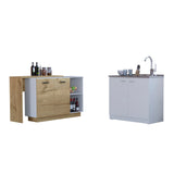 TUHOME Memphis 2-Piece Kitchen Set with Wide Multi-Level Countertop Island and Storage Cabinet, Modern Prep and Pantry Organization for Apartments and Homes, 35.43"H x 59.05"W x 23.62"D, White/Light Oak