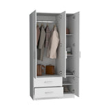 Sebree 71-Inch High Armoire Wardrobe Closet with Four Doors, Two Drawers, Three Cabinet Sections, Six Storage Shelves and Hanging Rod, Freestanding Bedroom Clothes Storage Organizer for Modern Home Organization and Daily Wardrobe Use