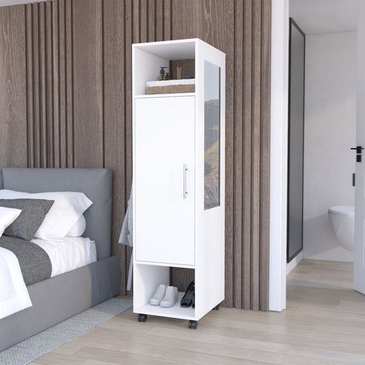 TUHOME Cluster 63-Inch Tall Open-Concept Wardrobe with Mirror, Three Storage Shelves, Hanging Rod, Casters and Side Hooks, Freestanding Clothes Organizer for Bedroom, Closet, Laundry Room or Multiroom Home Storage