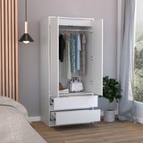 Tuhome Austin 2 Drawers Armoire with Double Door Cabinet, Spacious Hanging Rod Storage, Modern Bedroom Closet Organizer with Two Lower Drawers, Superior Vertical Design for Clothes, Accessories and Home Organization
