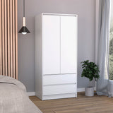 Tuhome Austin 2 Drawers Armoire with Double Door Cabinet, Spacious Hanging Rod Storage, Modern Bedroom Closet Organizer with Two Lower Drawers, Superior Vertical Design for Clothes, Accessories and Home Organization