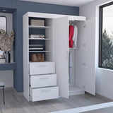 Tuhome Kenya 3 Drawers Armoire with Double Door Cabinet, Hanging Rod Storage, Three-Tier Open Shelves, Modern Bedroom Closet Organizer with Spacious Drawers and Multi-Functional Display Space for Home Organization
