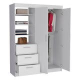 Tuhome Kenya 3 Drawers Armoire with Double Door Cabinet, Hanging Rod Storage, Three-Tier Open Shelves, Modern Bedroom Closet Organizer with Spacious Drawers and Multi-Functional Display Space for Home Organization