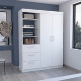 Tuhome Kenya 3 Drawers Armoire with Double Door Cabinet, Hanging Rod Storage, Three-Tier Open Shelves, Modern Bedroom Closet Organizer with Spacious Drawers and Multi-Functional Display Space for Home Organization