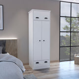 Falkland Armoire with Double-Door Wardrobe Cabinet, Upper Hinged Drawer, Lower Pull-Out Drawer and Modern Handle Accents for Organized Clothing Storage, Bedroom Organization and Stylish Space-Saving Home Furniture