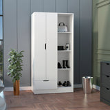 Memphis Wardrobe Armoire with Double-Door Hanging Cabinet, Four-Tier Storage Shelves, Spacious Lower Drawer and Modern Space-Saving Vertical Organization for Clothing, Accessories and Everyday Bedroom Essentials