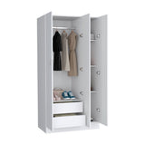 Ohio Armoire Wardrobe with Three-Door Hanging Cabinet, Two Lower Storage Drawers, Four-Tier Shelving System and Modern Space-Saving Design for Organized Clothing, Accessories and Complete Bedroom Organization
