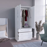 TUHOME Taly Double Door Armoire with Hanging Rod, Two Spacious Drawers and Full-Length Storage Compartment, Durable Engineered Wood Construction, Stylish Organizer for Clothes and Accessories in Modern Bedroom Spaces