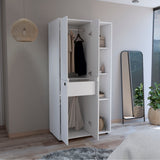 TUHOME Misuri Wardrobe Armoire with Double Doors, Spacious Drawer, Metal Hanging Rod and Three Open Shelves Offering Multi-Functional Clothing Storage, Modern Organization Solutions and Durable Solid Wood Construction