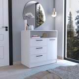 TUHOME Omaha Multi-Storage Dresser with Three Spacious Drawers, Single Door Cabinet, Interior Shelves and Contemporary Pull Handles Offering Compact Home Organization and Durable Engineered Wood Construction