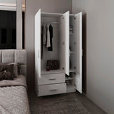 Sebree 71-Inch High Armoire Wardrobe Closet with Four Doors, Two Drawers, Three Cabinet Sections, Six Storage Shelves and Hanging Rod, Freestanding Bedroom Clothes Storage Organizer for Modern Home Organization and Daily Wardrobe Use