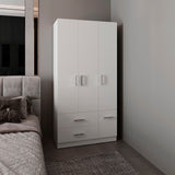Sebree 71-Inch High Armoire Wardrobe Closet with Four Doors, Two Drawers, Three Cabinet Sections, Six Storage Shelves and Hanging Rod, Freestanding Bedroom Clothes Storage Organizer for Modern Home Organization and Daily Wardrobe Use