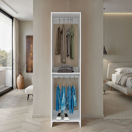 Eco Closet 2-Rod Wardrobe Organizer, Double Hanging Sections with Open Shelf, Space-Saving Freestanding Closet System, Engineered Wood