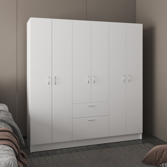 TUHOME Mitu Six Door Armoire Wardrobe with Seven Interior Shelves and One Drawer featuring Hanging Rod for Complete Bedroom Storage Organization Modern Design Spacious Closet for Clothing Organization