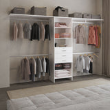 Plego Modular Closet System with Three Drawers, Five Shelves and Four Hanging Rods, Adjustable Wardrobe Organizer for 69" to 118" Spaces, Configurable Closet Storage System for Bedroom