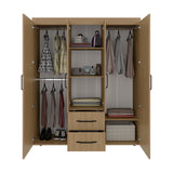 Bariloche Wardrobe with Multi-Section Storage, Three Hanging Rods, Central Open Shelving Area, Two Smooth-Glide Drawers, Metal Handles and Spacious Organization