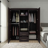 Bariloche Wardrobe with Multi-Section Storage, Three Hanging Rods, Central Open Shelving Area, Two Smooth-Glide Drawers, Metal Handles and Spacious Organization