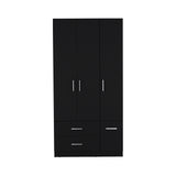 Sebree 71-Inch High Armoire Wardrobe Closet with Four Doors, Two Drawers, Three Cabinet Sections, Six Storage Shelves and Hanging Rod, Freestanding Bedroom Clothes Storage Organizer for Modern Home Organization and Daily Wardrobe Use