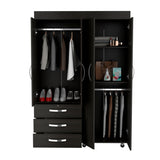 Tuhome Denver Adjustable Armoire with Rods, Double Door Cabinet, Three Drawers, Two Shelves, Modern Storage Solution for Bedroom and Closet