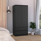 Tuhome Austin 2 Drawers Armoire with Double Door Cabinet, Spacious Hanging Rod Storage, Modern Bedroom Closet Organizer with Two Lower Drawers, Superior Vertical Design for Clothes, Accessories and Home Organization
