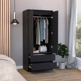 Tuhome Austin 2 Drawers Armoire with Double Door Cabinet, Spacious Hanging Rod Storage, Modern Bedroom Closet Organizer with Two Lower Drawers, Superior Vertical Design for Clothes, Accessories and Home Organization