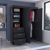 Tuhome Kenya 3 Drawers Armoire with Double Door Cabinet, Hanging Rod Storage, Three-Tier Open Shelves, Modern Bedroom Closet Organizer with Spacious Drawers and Multi-Functional Display Space for Home Organization
