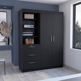 Tuhome Kenya 3 Drawers Armoire with Double Door Cabinet, Hanging Rod Storage, Three-Tier Open Shelves, Modern Bedroom Closet Organizer with Spacious Drawers and Multi-Functional Display Space for Home Organization