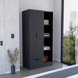 Memphis Wardrobe Armoire with Double-Door Hanging Cabinet, Four-Tier Storage Shelves, Spacious Lower Drawer and Modern Space-Saving Vertical Organization for Clothing, Accessories and Everyday Bedroom Essentials