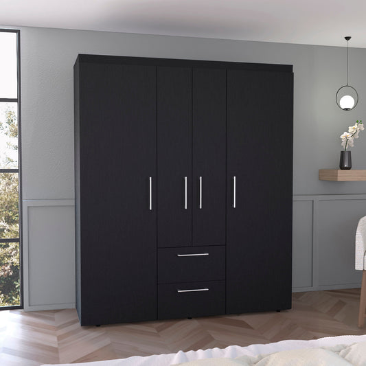 TUHOME Bariloche Wardrobe with Multi-Section Storage, Dual Hanging Rod Compartments, Central Shelving Area, Two Smooth-Glide Drawers, Metal Handles and Spacious Organization for Modern Bedrooms and Closet Spaces