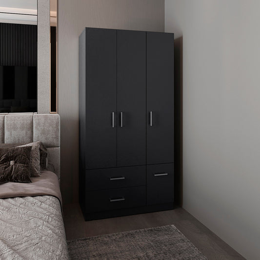 Sebree 71-Inch High Armoire Wardrobe Closet with Four Doors, Two Drawers, Three Cabinet Sections, Six Storage Shelves and Hanging Rod, Freestanding Bedroom Clothes Storage Organizer for Modern Home Organization and Daily Wardrobe Use