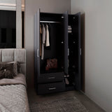 Sebree 71-Inch High Armoire Wardrobe Closet with Four Doors, Two Drawers, Three Cabinet Sections, Six Storage Shelves and Hanging Rod, Freestanding Bedroom Clothes Storage Organizer for Modern Home Organization and Daily Wardrobe Use