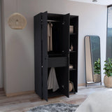 TUHOME Misuri Wardrobe Armoire with Double Doors, Spacious Drawer, Metal Hanging Rod and Three Open Shelves Offering Multi-Functional Clothing Storage, Modern Organization Solutions and Durable Solid Wood Construction