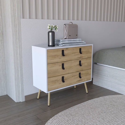 TUHOME Huna Dresser with Three Spacious Drawers, Modern Metal Handles, Raised Wooden Legs, Wide Top Surface for Decor and Everyday Essentials, Contemporary Storage Unit for Bedrooms, Closets and Organized Living Spaces