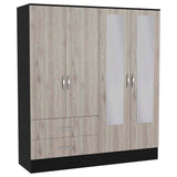 Tuhome Bolton 160 Armoire with Six Shelves, Two Double Door Cabinets, Two Mirrors, Two Drawers, Rod for Bedroom or Closet