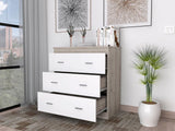 Tuhome Georgia Three-Drawer Dresser with Modern Metal Handles, Spacious Storage Compartments, Contemporary Superior Top Surface, Functional Bedroom Organizer for Clothing, Accessories, and Everyday Essentials