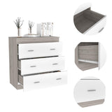 Tuhome Georgia Three-Drawer Dresser with Modern Metal Handles, Spacious Storage Compartments, Contemporary Superior Top Surface, Functional Bedroom Organizer for Clothing, Accessories, and Everyday Essentials