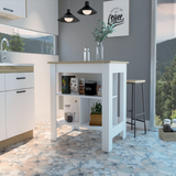 TUHOME Cala Kitchen Island with Antimicrobial Tabletop, Three Open Shelves, One Top Shelf and Four Sturdy Legs Offering Practical Meal Prep Space, Modern Organization and Versatile Functional Design for Contemporary Kitchens