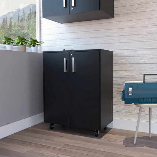 TUHOME Storage Cabinet with Casters, Double Door Design, Two Interior Shelves and Mobile Utility Storage for Garage, Laundry Room or Workspace Organization, Compact Freestanding Cabinet for Everyday Use
