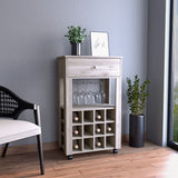 Memphis Bar Cart with Twelve Built-In Wine Rack Cubbies, Smooth-Glide Storage Drawer, Open Display Space and Mobile Caster Wheels for Organized Home Entertaining, Wine Storage and Modern Beverage Service Convenience