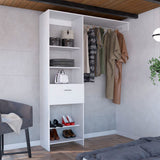 Tuhome Manchester 150 Closet System with Five Open Shelves, Single Drawer, Full-Length Metal Hanging Rod and Spacious Superior Top, Space-Saving Vertical Wardrobe Organizer for Modern Bedrooms and Efficient Clothing Storage