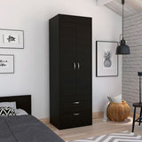 TUHOME Lisboa 2-Door Armoire with Double Door Storage, Two Spacious Drawers, Concealed Hanging Rod and Vertical Freestanding Wardrobe for Bedroom, Living Room, Kitchen or Garage Organization