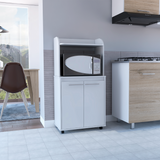 Kira Kitchen Cart with Spacious Microwave Shelf, Double-Door Cabinet with Interior Shelves, Open Storage Area, Large Countertop and Caster Wheels for Mobile Organization, Prep Convenience and Modern Kitchen Functionality
