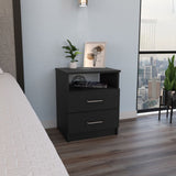 Tuhome Napoles Nightstand in Black with Two Drawers and Open Compartment, Modern Design for Bedroom or Living Room Storage