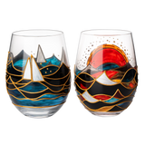 Artisanal Hand Painted Sunrise Glasses, Stemless Set of 2