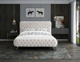 Delano Luxurious Velvet Bed with Deep Button Tufting, Elegant Gold Metal Legs, and Modern Design